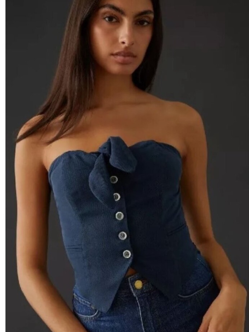 Maeve Strapless Navy Button-Front Tie Bust Top- size small